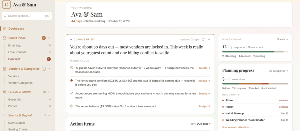 Clara dashboard: an AI brief, a smart inbox, vendors, and guest RSVPs for a wedding