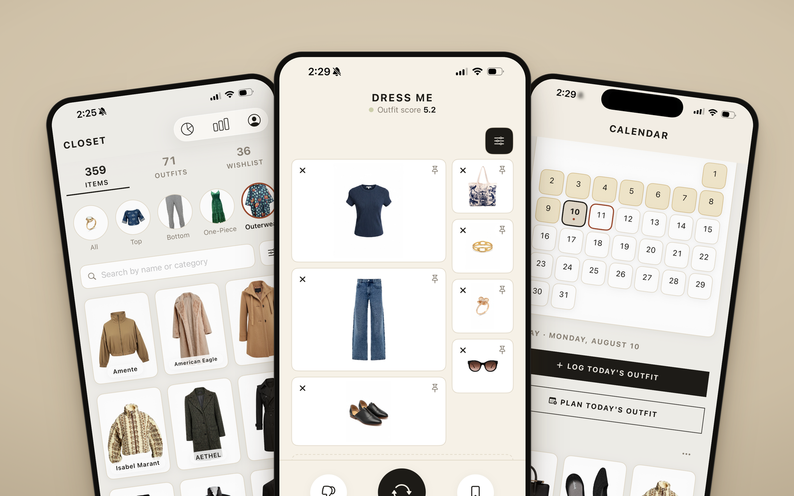 Closet Shopper app: the Dress Me outfit builder, the closet grid, and the outfit calendar