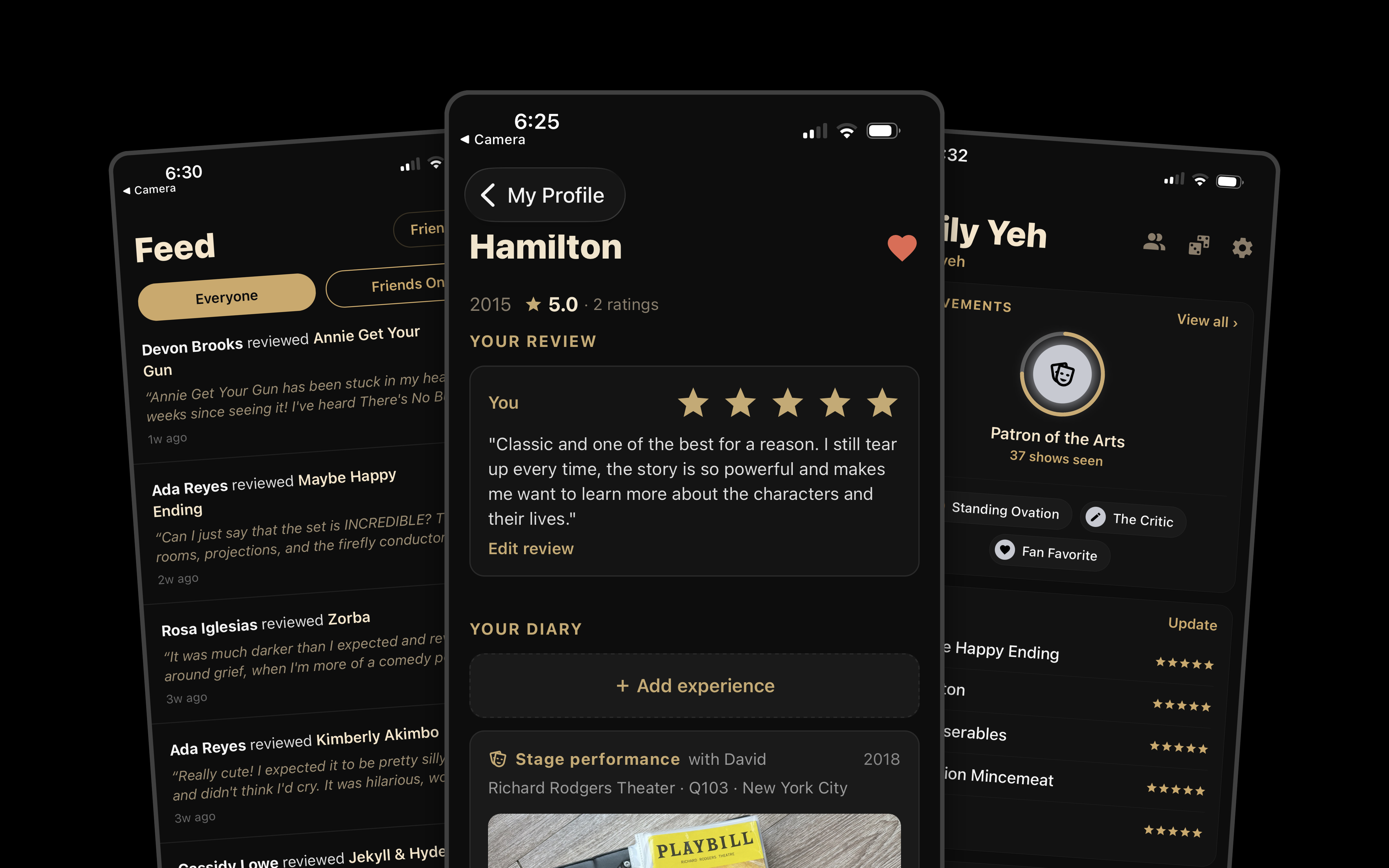 Orphea app screens: the feed, a show with its rating and review, and a profile